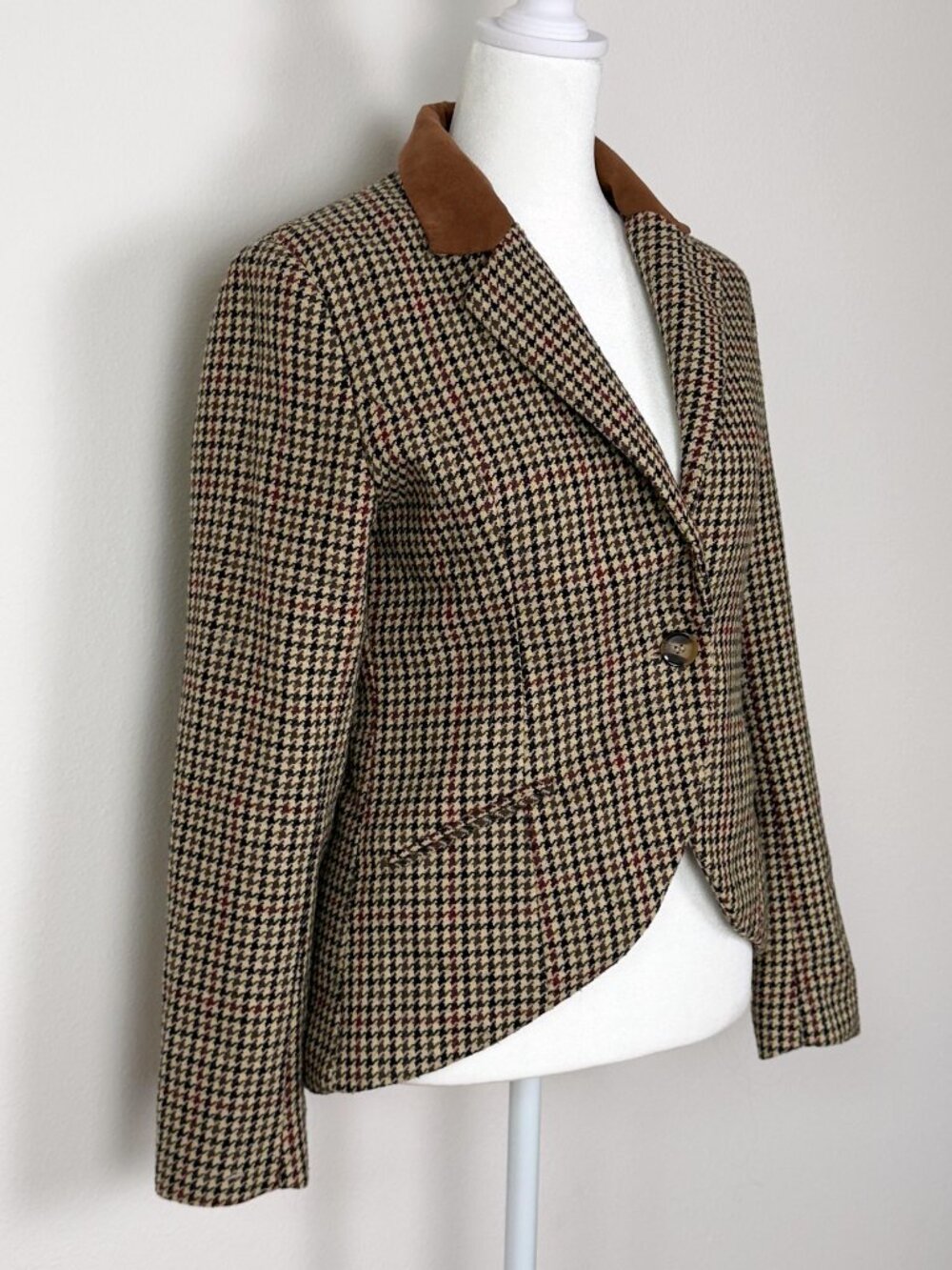 H&M Womens Wool Blend Houndstooth Blazer Equestrian Elbow Patch Jacket M/8 Brown - Picture 2 of 12